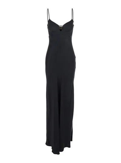 Twinset Black Long Dress With Thin Shoulder Straps And Metallic Logo Plaque On The Back In Tech Fabric Woman