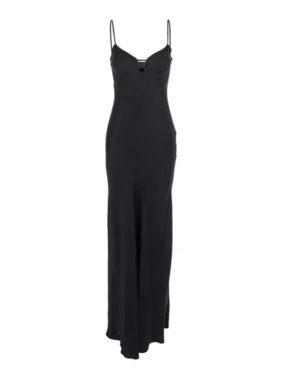 TWINSET BLACK LONG DRESS WITH THIN SHOULDER STRAPS AND METALLIC LOGO PLAQUE ON THE BACK IN TECH FABRIC WOMAN