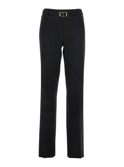 TWINSET BLACK PANTS WITH BELT WITH BUCKLE AND BELT LOOPS IN VISCOSE BLEND STRETCH WOMAN