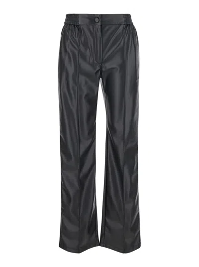 TWINSET BLACK PANTS WITH ELASTIC WAISTBAND AND LOGO IN ECO LEATHER WOMAN