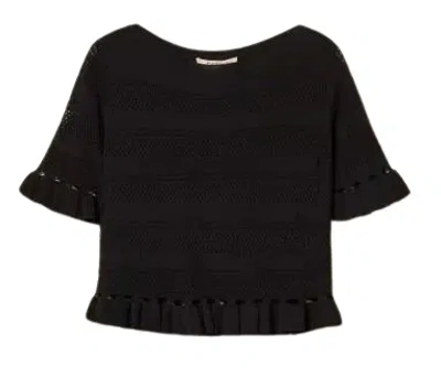 Twinset Twin-set Black Perforated Ruffle Cotton Top