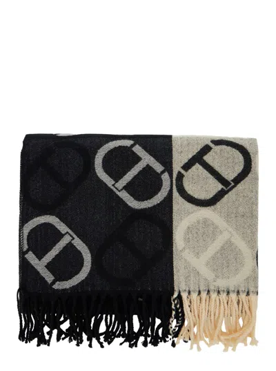 TWINSET BLACK RECTANGULAR SCARF WITH ALL-OVER OVAL T MOTIF IN VISCOSE BLEND WOMAN