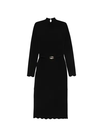 Twinset Black Ribbed Viscose-blend High Neck Midi Dress