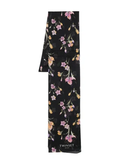 Twinset Black Scarf With Floral Print In Multicolour