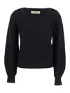 Twinset Black Sweater With Embroidered Collar And Elastic Cuffs In Wool And Cotton Woman In Blue