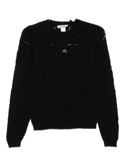 TWINSET BLACK SWEATER WITH FLORAL OPENWORK DETAILING