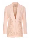 Twinset Mixed Linen Blazer With Embroidery In Nude & Neutrals