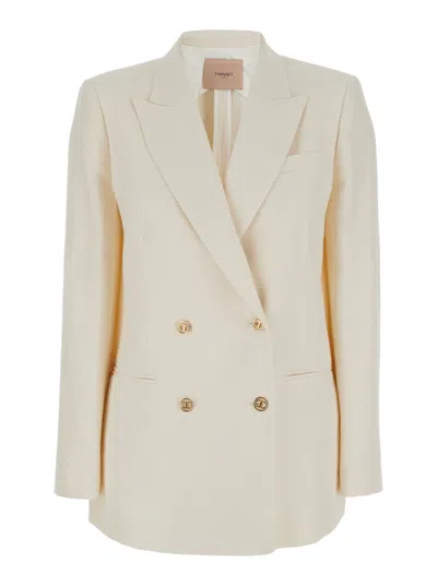 TWINSET BEIGE DOUBLE-BREASTED JACKET WITH BUTTONS IN TECHNO FABRIC WOMAN