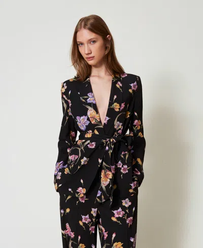 Twinset Blazer En Crêpe De Chine Floral In Black