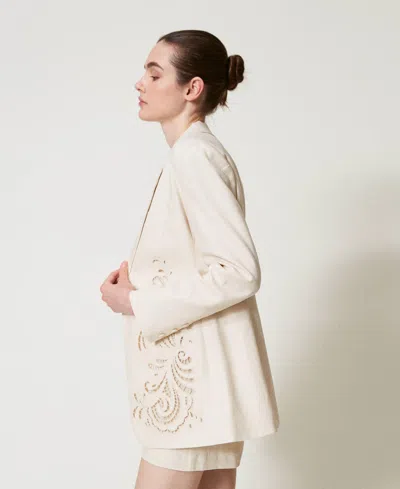 Twinset Blazer En Lin Mélangé Avec Broderie In Neutral
