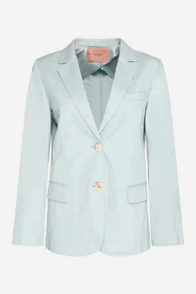 Twinset Blazer Misto Lino Agave In Azzurro