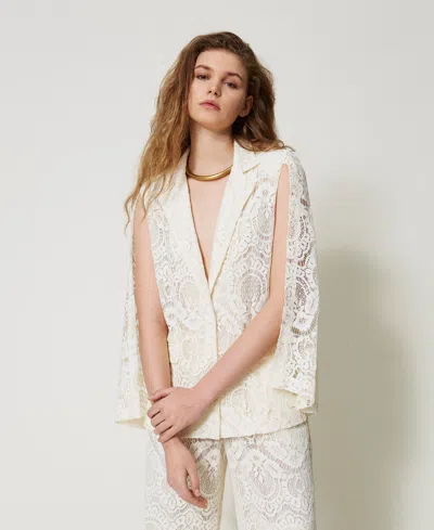 Twinset Blazer « Procida » En Dentelle Macramé In White
