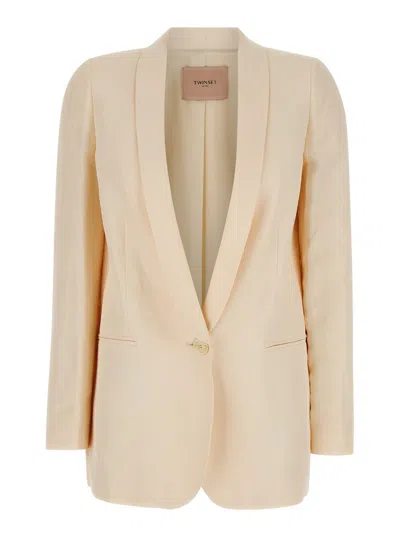 TWINSET BEIGE SINGLE-BREASTED JACKET WITH SHAWL NECKLINE IN LINEN BLEND WOMAN