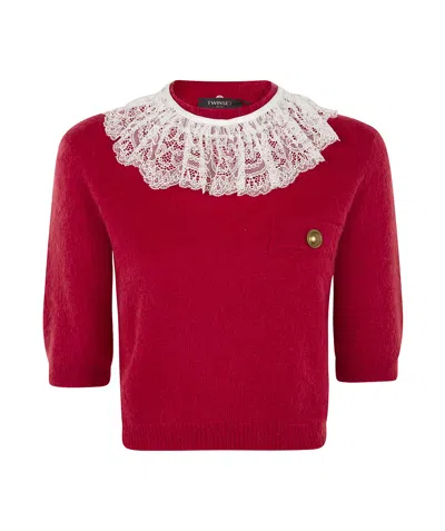 Twinset Blended Lace Knitted Sweater In Red