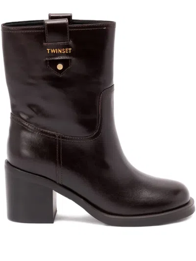 Twinset Block-heel Leather Boots In Brown