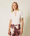 Twinset Blouse En Crêpe De Chine Avec Ajour In Neutral