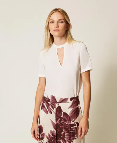 Twinset Blouse En Crêpe De Chine Avec Ajour In Neutral