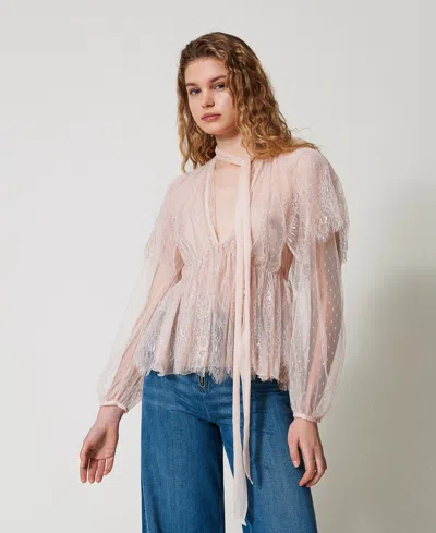 Twinset Blouse En Dentelle Et Tulle Plumetis In Neutral