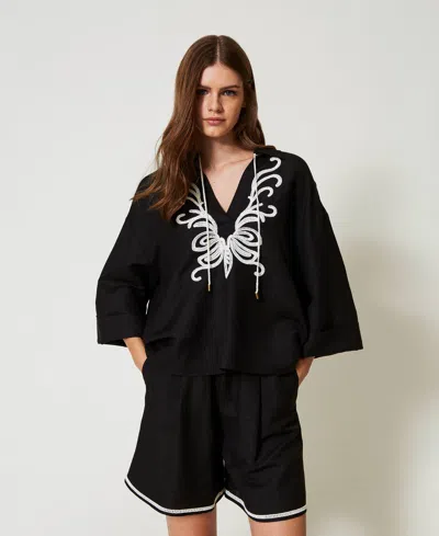 Twinset Blouse En Lin Mélangé Avec Broderie In Black