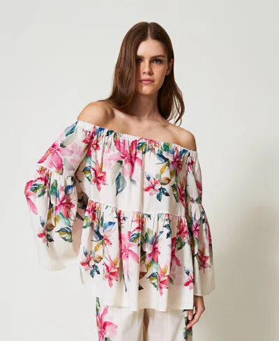 Twinset Blouse En Lin Mélangé Avec Imprimé Floral In White