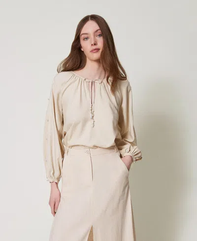 Twinset Blouse En Lin Mélangé Avec Perles In Neutral