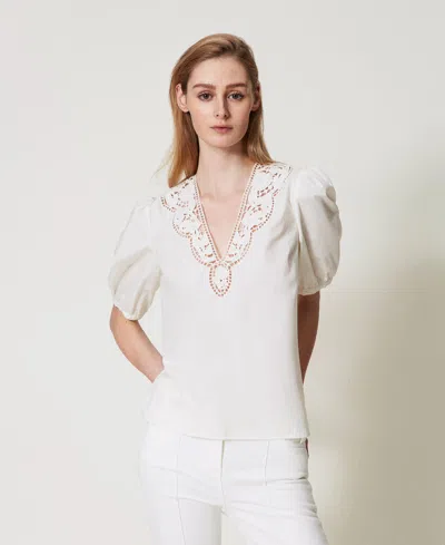 Twinset Blouse En Popeline Avec Broderies Anglaises In White