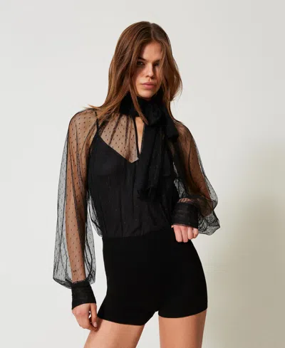 Twinset Blouse En Tulle Avec Col Lavallière In Black