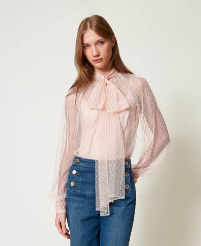 Twinset Blouse En Tulle Avec Col Lavallière In Neutral
