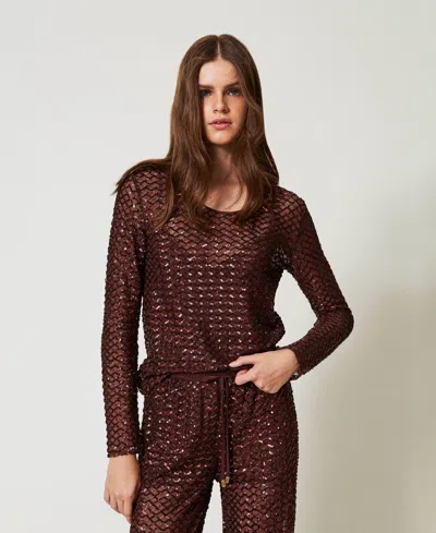 Twinset Blouse En Tulle Avec Sequins In Brown