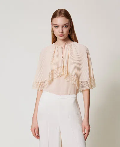 Twinset Blouse « Filicudi » Plissée Avec Dentelle In Neutral