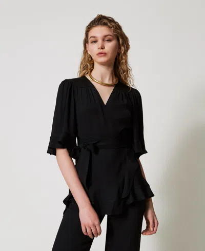Twinset Blouse Portefeuille En Satin In Black