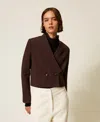 Twinset Double-breasted Cropped Blazer In Brown