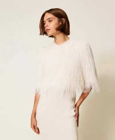 Twinset Blouson Cropped Avec Franges In White