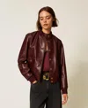 Twinset Blouson Effet Cuir Avec Boutons In Burgundy