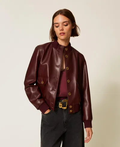 Twinset Blouson Effet Cuir Avec Boutons In Burgundy