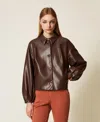 Twinset Blouson Effet Cuir Avec Col Chemise In Brown
