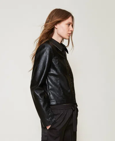 Twinset Blouson Effet Cuir Craquelé In Black