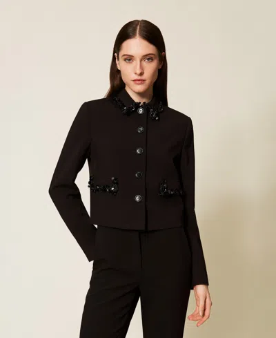 Twinset Blouson En Crêpe Avec Broderies In Black