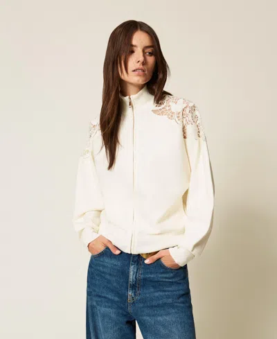 Twinset Blouson En Maille Avec Organza Brodé In Neutral