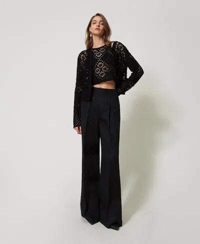 Twinset Blouson En Maille Florale Au Crochet In Black