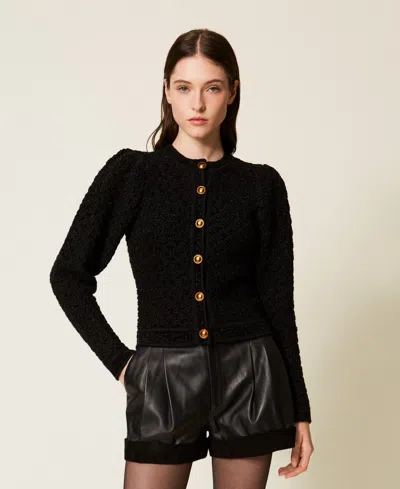 Twinset Blouson En Maille Jacquard Bicolore In Black
