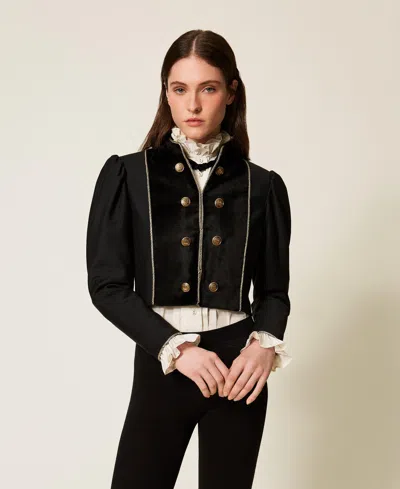 Twinset Blouson En Mélange De Laine Et Velours In Black