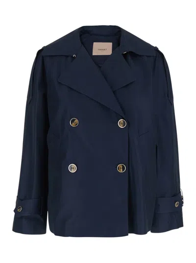 Twinset Blue Cropped Double-breasted Trench Coat In Tech Fabric Woman
