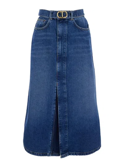 TWINSET BLUE DENIM MIDI SKIRT WITH BLET IN COTTON WOMAN TWINSET