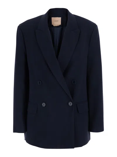 Twinset Blue Double-breasted Jacket With Peak Revers In Stretch Viscose Blend Women