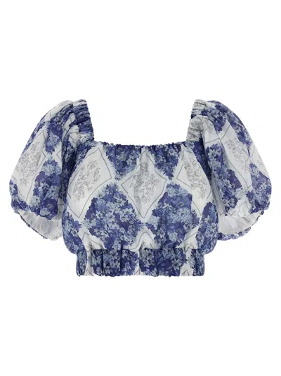 Twinset Floral-patterned Ramie Blouse In Blue