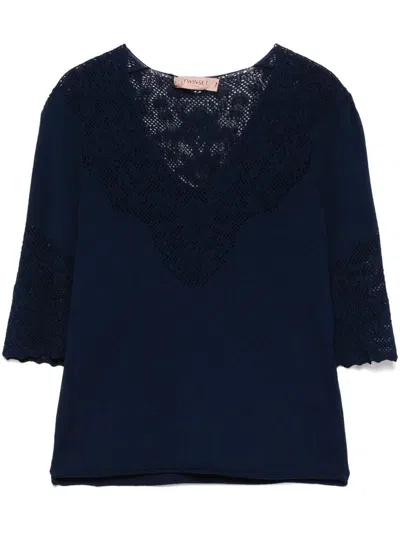 TWINSET BLUE SWEATER WITH POINTELLE KNIT