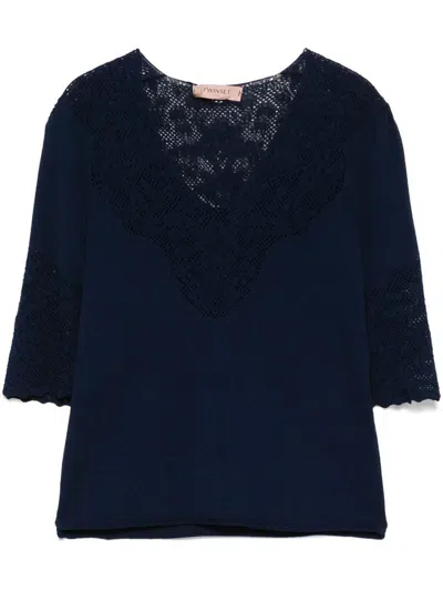 TWINSET TWINSET BLUE SWEATER WITH POINTELLE KNIT