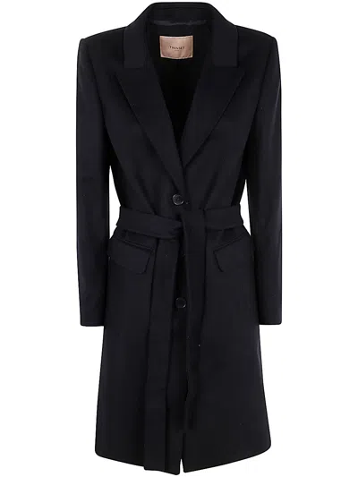 TWINSET TWIN-SET BLUE WOOL POLYAMIDE COAT