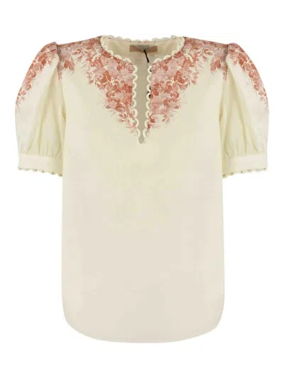 Twinset Linen Blouse With Floral Print In Light Beige